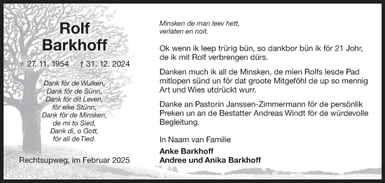 Traueranzeige von Rolf Barkhoff von Ostfriesischer Kurier