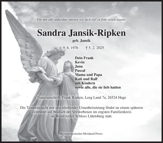 Traueranzeige von Sandra Jansik-Ripken von Ostfriesischer Kurier