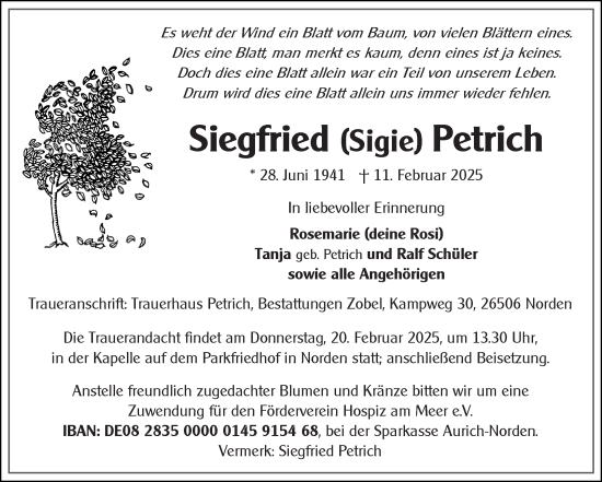 Traueranzeige von Siegfried Petrich von Ostfriesischer Kurier