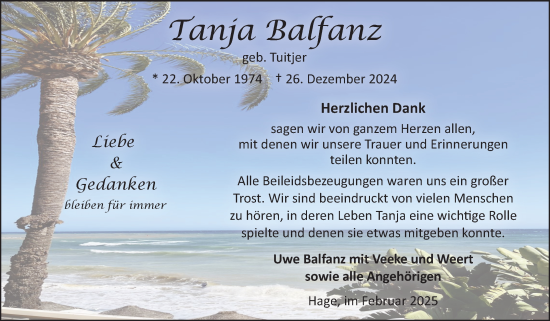Traueranzeige von Tanja Balfanz von Ostfriesischer Kurier