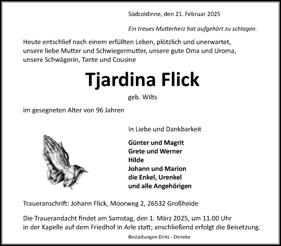 Traueranzeige von Tjardina Flick von Ostfriesischer Kurier