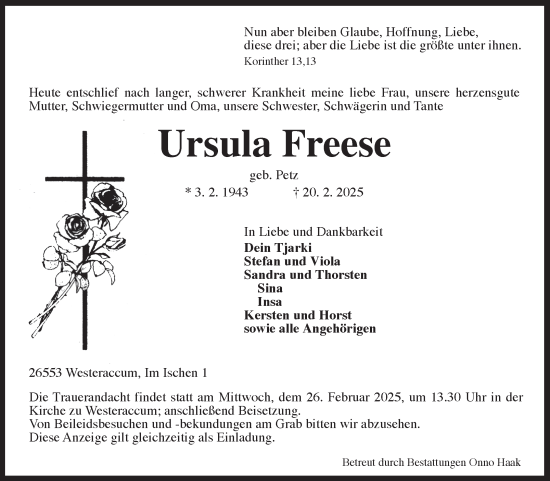 Traueranzeige von Ursula Freese von Ostfriesischer Kurier