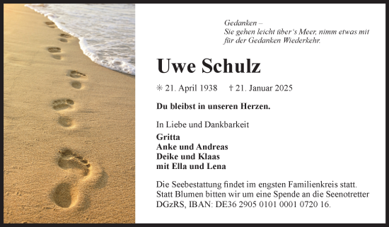 Traueranzeige von Uwe Schulz von Ostfriesischer Kurier