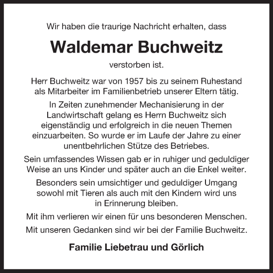 Traueranzeige von Waldemar Buchweitz von Ostfriesischer Kurier