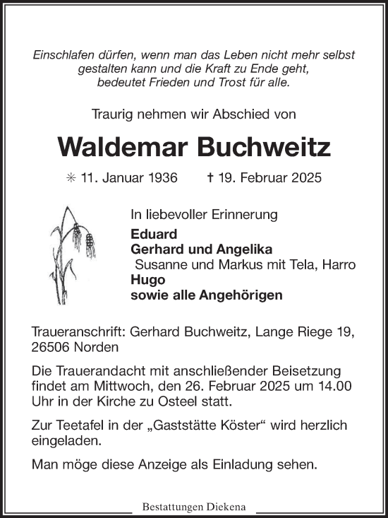 Traueranzeige von Waldemar Buchweitz von Ostfriesischer Kurier
