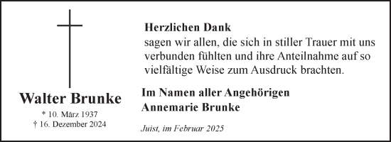 Traueranzeige von Walter Brunke von Ostfriesischer Kurier