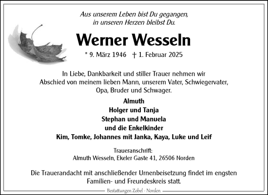 Traueranzeige von Werner Wesseln von Ostfriesischer Kurier