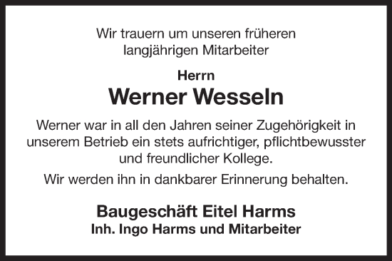 Traueranzeige von Werner Wesseln von Ostfriesischer Kurier