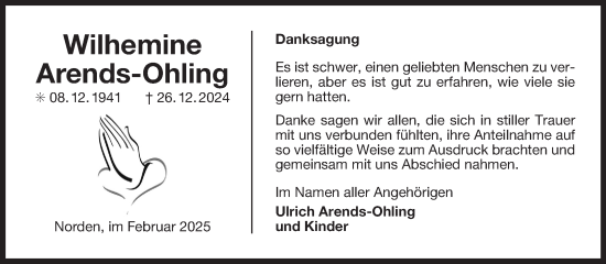 Traueranzeige von Wilhelmine Arends-Ohling von Ostfriesischer Kurier