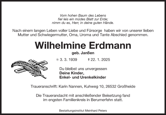 Traueranzeige von Wilhelmine Erdmann von Ostfriesischer Kurier