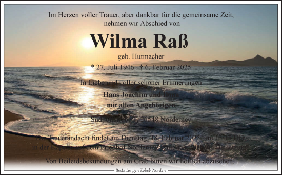 Traueranzeige von Wilma Raß von Ostfriesischer Kurier