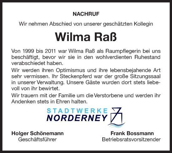 Traueranzeige von Wilma Raß von Ostfriesischer Kurier