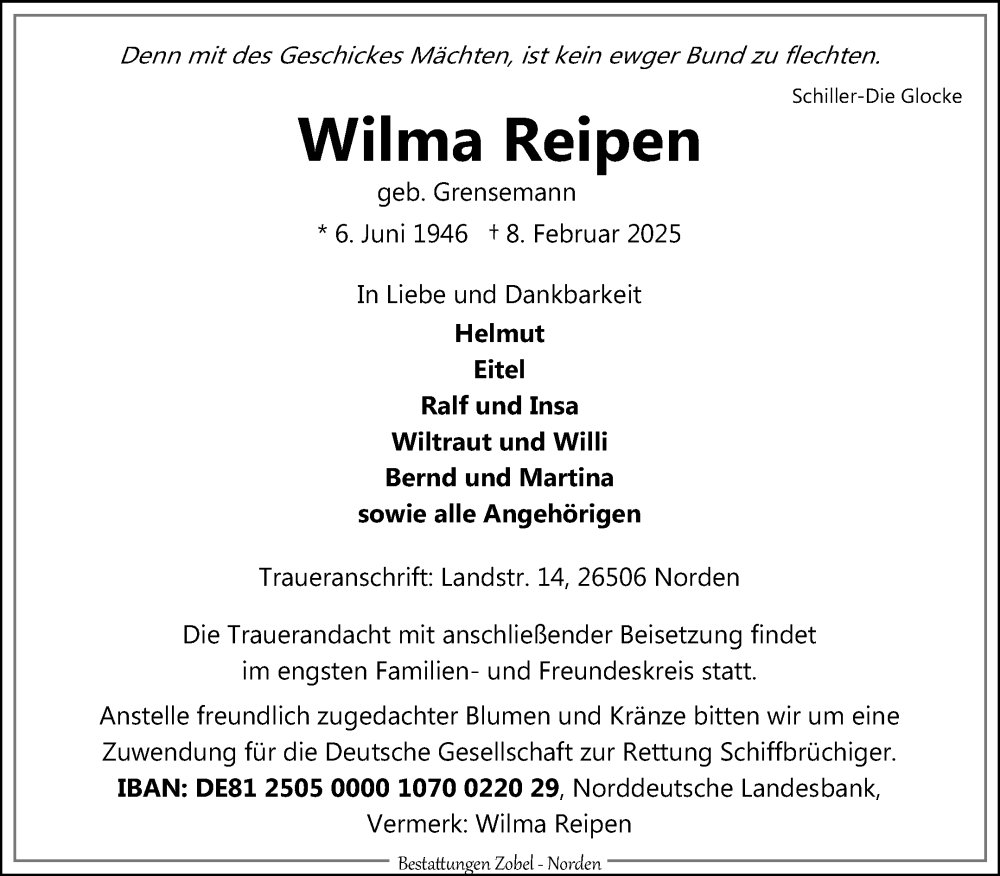  Traueranzeige für Wilma Reipen vom 12.02.2025 aus Ostfriesischer Kurier