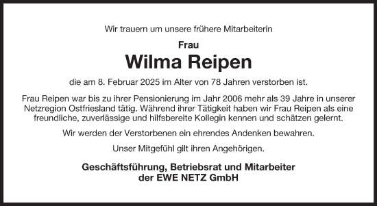Traueranzeige von Wilma Reipen von Ostfriesischer Kurier