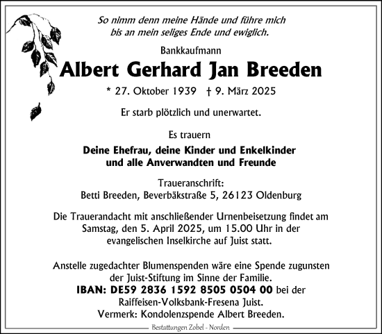 Traueranzeige von Albert Gerhard Jan Breeden von Ostfriesischer Kurier