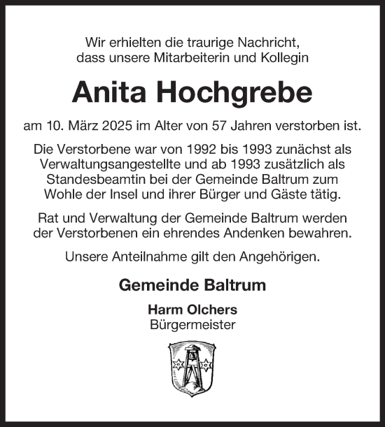 Traueranzeige von Anita Hochgrebe von Ostfriesischer Kurier