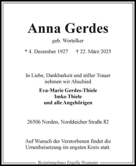 Traueranzeige von Anna Gerdes von Ostfriesischer Kurier