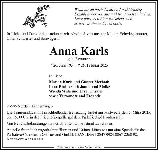 Traueranzeige von Anna Karls von Ostfriesischer Kurier