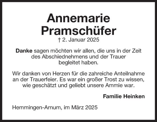 Traueranzeige von Annemarie Pramschüfer von Ostfriesischer Kurier