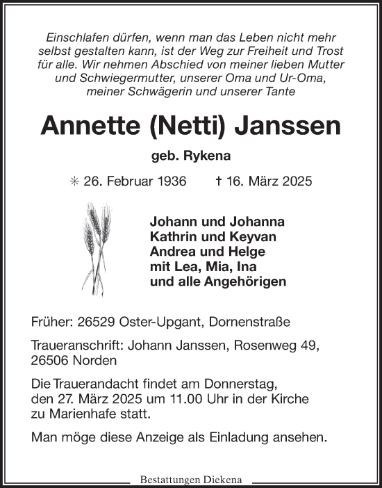 Traueranzeige von Annette Janssen von Ostfriesischer Kurier