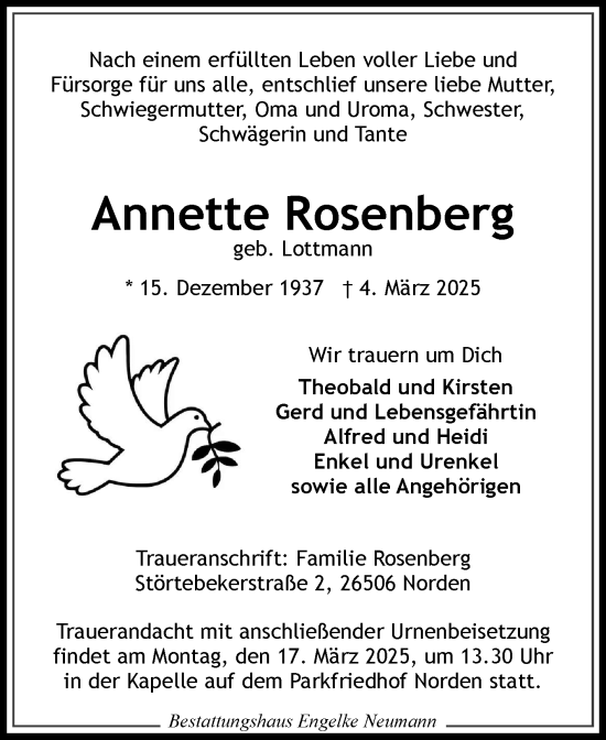 Traueranzeige von Annette Rosenberg von Ostfriesischer Kurier