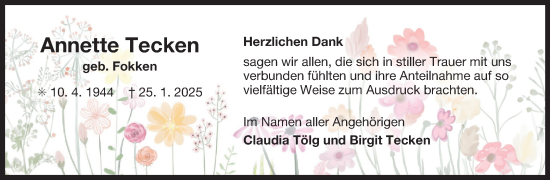 Traueranzeige von Annette Tecken von Ostfriesischer Kurier