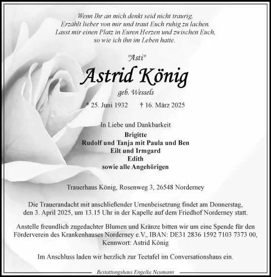 Traueranzeige von Astrid König von Ostfriesischer Kurier