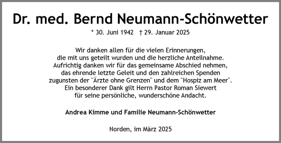Traueranzeige von Bernd Neumann-Schönwetter von Ostfriesischer Kurier