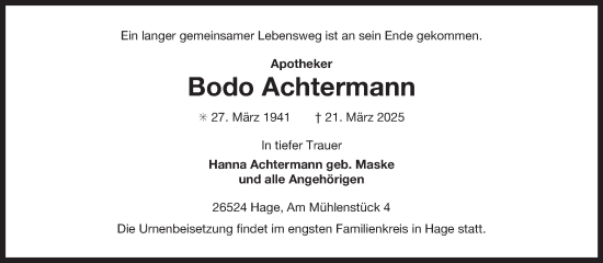 Traueranzeige von Bodo Achtermann von Ostfriesischer Kurier