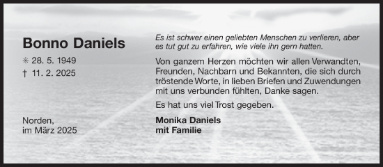 Traueranzeige von Bonno Daniels von Ostfriesischer Kurier