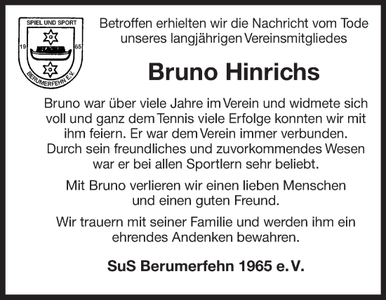 Traueranzeige von Bruno Hinrichs von Ostfriesischer Kurier