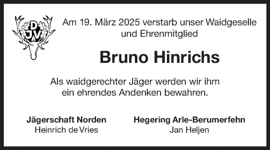 Traueranzeige von Bruno Hinrichs von Ostfriesischer Kurier