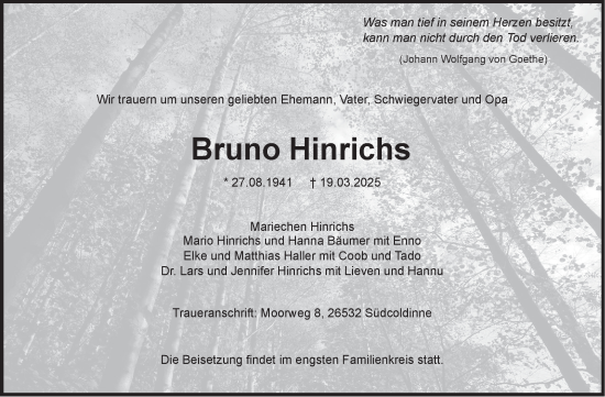 Traueranzeige von Bruno Hinrichs von Ostfriesischer Kurier