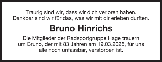 Traueranzeige von Bruno Hinrichs von Ostfriesischer Kurier