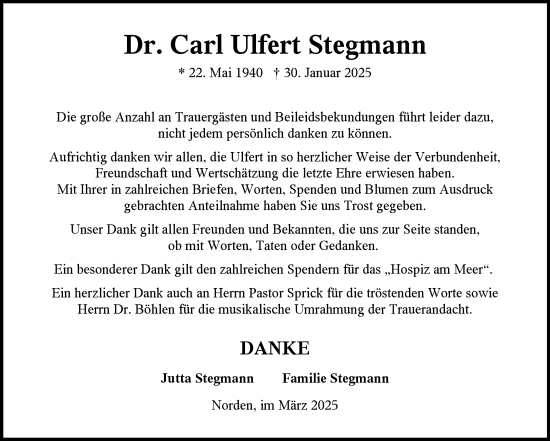 Traueranzeige von Carl Ulfert Stegmann von Ostfriesischer Kurier