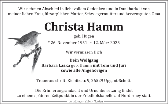Traueranzeige von Christa Hamm von Ostfriesischer Kurier