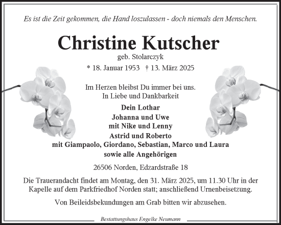 Traueranzeige von Christine Kutscher von Ostfriesischer Kurier