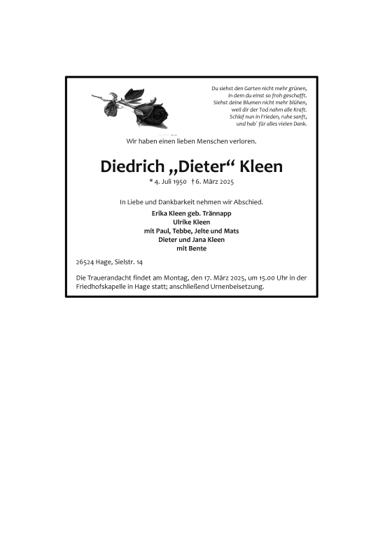 Traueranzeige von Diedrich Kleen von Ostfriesischer Kurier