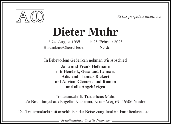 Traueranzeige von Dieter Muhr von Ostfriesischer Kurier