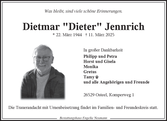 Traueranzeige von Dietmar Jennrich von Ostfriesischer Kurier