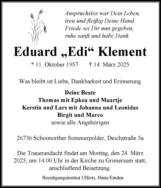 Traueranzeige von Eduard Klement von Ostfriesischer Kurier
