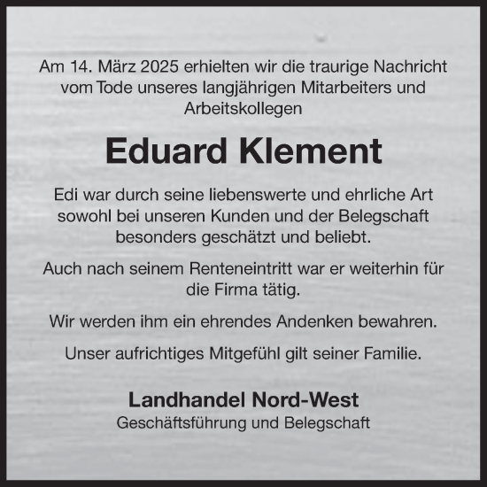 Traueranzeige von Eduard Klement von Ostfriesischer Kurier