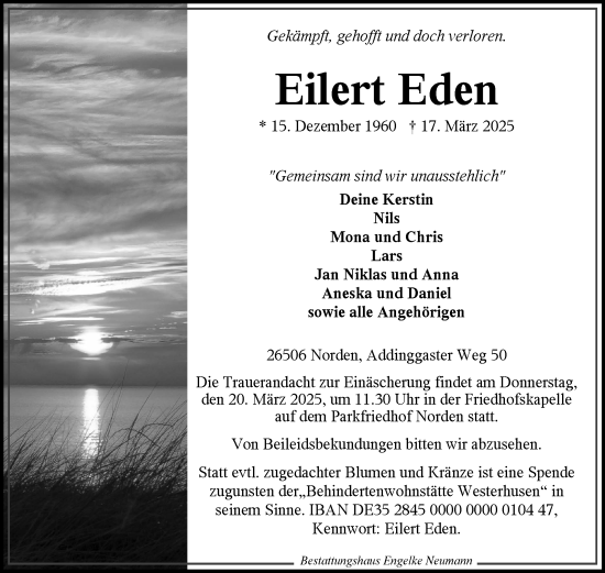 Traueranzeige von Eilert Eden von Ostfriesischer Kurier