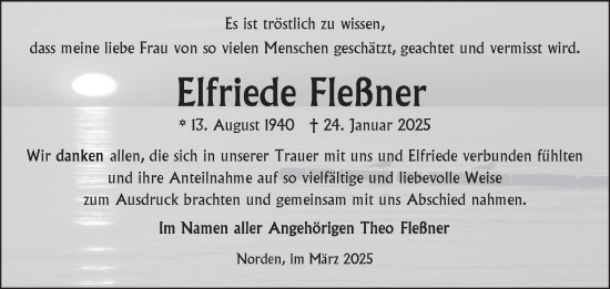 Traueranzeige von Elfriede Fleßner von Ostfriesischer Kurier