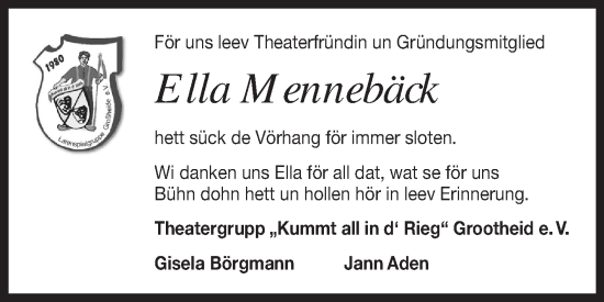 Traueranzeige von Ella Mennebäck von Ostfriesischer Kurier
