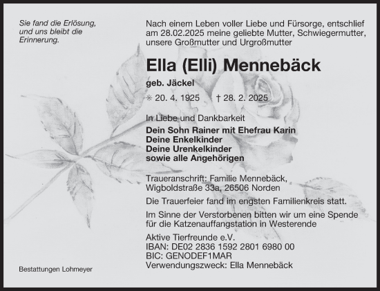 Traueranzeige von Ella  Mennebäck von Ostfriesischer Kurier