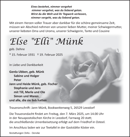 Traueranzeige von Else Elli Münk von Ostfriesischer Kurier