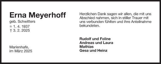 Traueranzeige von Erna Meyerhoff von Ostfriesischer Kurier