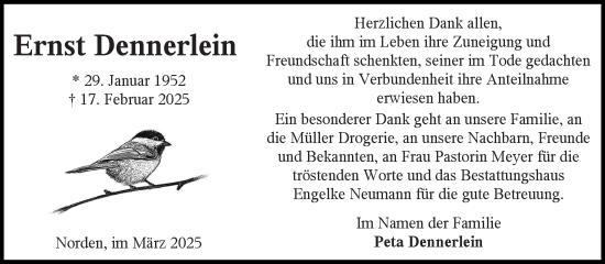 Traueranzeige von Ernst Dennerlein von Ostfriesischer Kurier