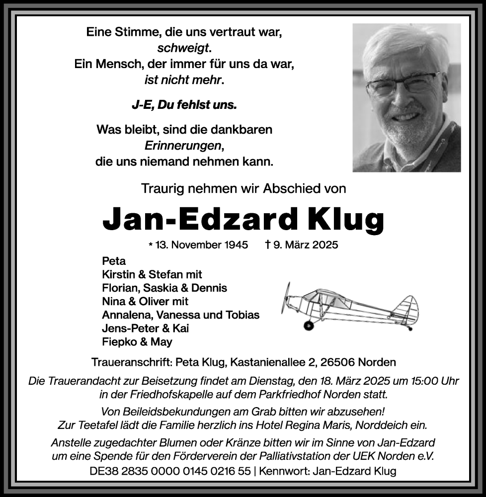  Traueranzeige für Jan-Edzard Klug vom 12.03.2025 aus Ostfriesischer Kurier
